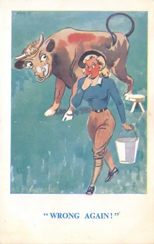 Lot202 Comic Postkarte UK Mädchen versucht, eine Kuh zu melken