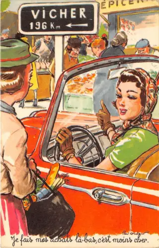 Lot235 Vicher Frau beim Einkaufen Comic Postkarte Frankreich Rennwagen Formel 1