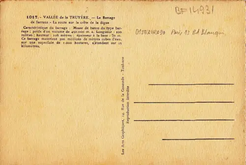 BF14931 vallee de la truyere le barrage de sarrans france front/back image