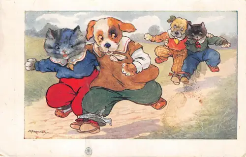 Lot161 Katze und Hund spielen zusammen menschliche Haltung Comic vermenschlicht Kenner