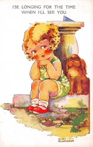 Lot327 Agnes Richardson Künstler signiert Comic Postkarte Humor Mädchen mit Hund