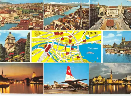 B110443 Schweiz Zuerich Karte, Brücke Fluss Flughafen Flugzeug, Kirche Eglise