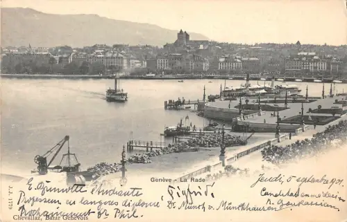 B105726 Schweiz Geneve La Rade Promenade Boote Panorama