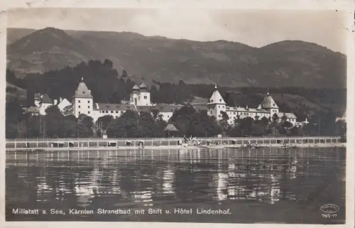 B79481 millstatt a siehe kärnten strandbad mit stift u h österreich vorder-/rückbild