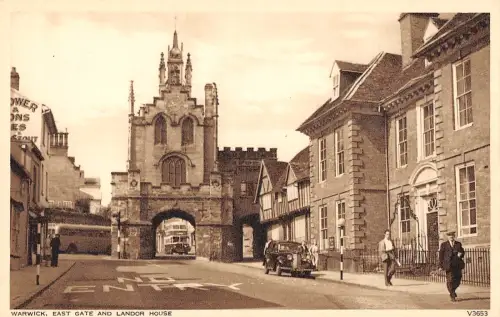uk3599 warwick east gate and landor house car real photo uk
