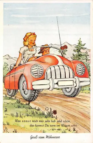 Lot168 Mohnesee Deutschland Paar im Auto Postkarte Gemälde Auszug Leporello