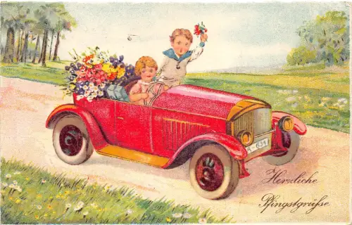 BG8265 Kinder fahren Auto Voiture Blume Pfingsten Pfingsten Grüße Germany