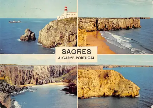 B110797 Portugal Sagres Leuchtturm Klippen Meer Boot Bateau Panorama