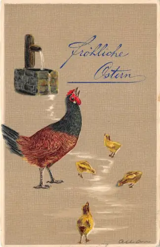 Lot218 Grüße Ostern Osterhenne mit Küken Brunnen Germany geprägt