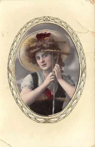 Lot140 Frau mit Rechen Typen Folklore geprägt Postkarte Gemälde Deutschland