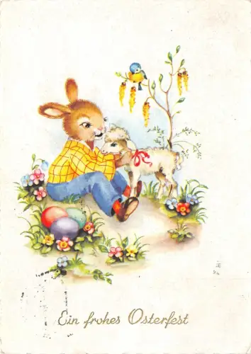 BG9040 Hase vermenschlicht spielend mit Lamm Vogel Ostern Ostergrüße Germany