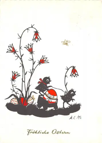 BG20751 Küken vermenschlicht mit Wagen Ei Blume Schmetterling Ostern Ostern Germany