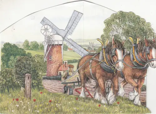 BR74345 Leporello Farm Feldarbeitspferd Wintermühle Mil geprägt UK