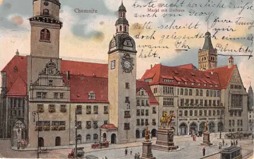 Lot132 Deutschland Chemnitz Markt mit Rathaus Straßenbahn
