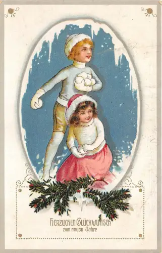 BG8665 Junge und Mädchen Tannenzweig Neujahr Neujahrsgrüße Deutschland