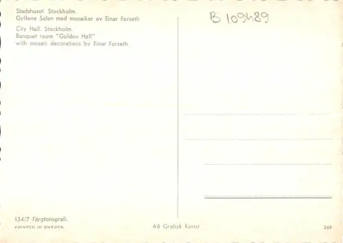 B109489 Schweden Stadshuset Stockholm Rathaus Bankettsaal Goldener Saal