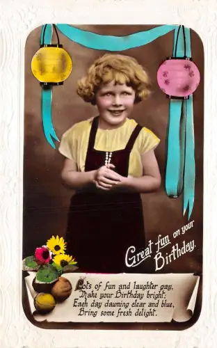 Lot147 Gruß Postkarte UK Geburtstag Mädchen mit Blume Porzellan Licht