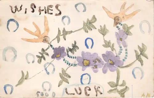 Lot329 Wünsche viel Glück Grüße Postkarte Gemälde Vögel Blumen und Hufeisen