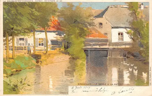 B93922 bruxelles la senne a la petite ile litho belgium