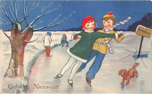 BG14671 Kinder Schlittschuh und ein Hund Silvester Gelukkig Nieuwjaar Niederlande