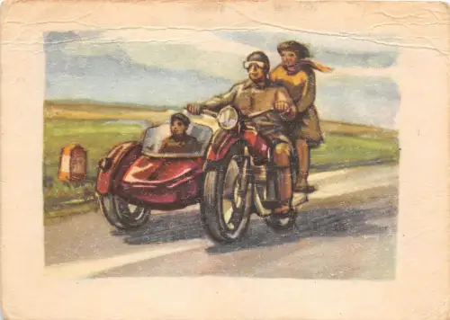 Lot267 Mann Frau und Kind auf Motorrad Moto Familie Postkarte