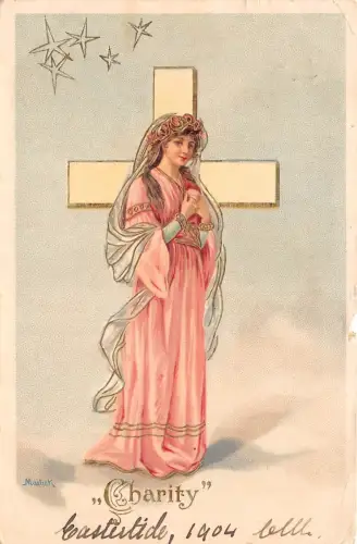 Lot339 Charity Frau mit Kreuz religiöse Postkarte Kunst