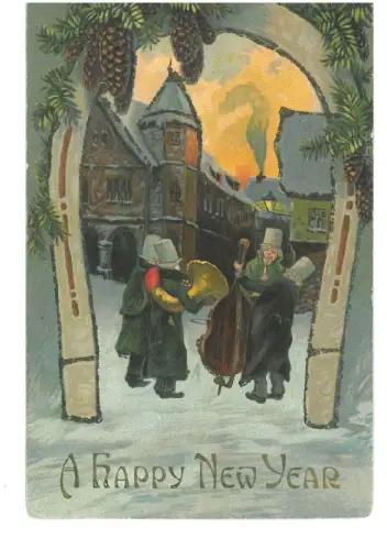 B82431 Happy New Year Embossed Music Band PPC not used perfect shape