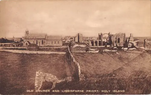 uk30575 old church and lindisfarne priory holy island real photo uk