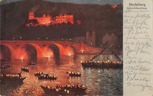 B108014 Heidelberger Schlossbeleuchtung Brücke, Castle River Echtfoto UK