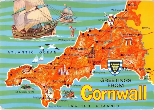 B100294 greetings from cornwall map cartes geographiques uk