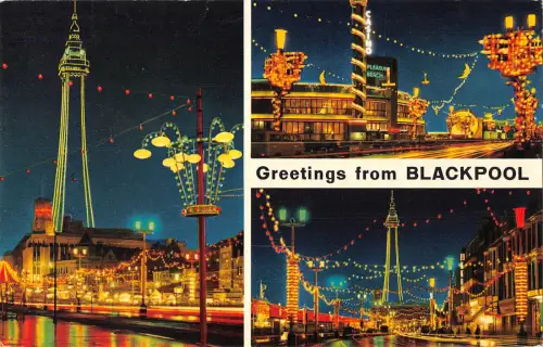 uk7416 greetings from blackpool uk by night