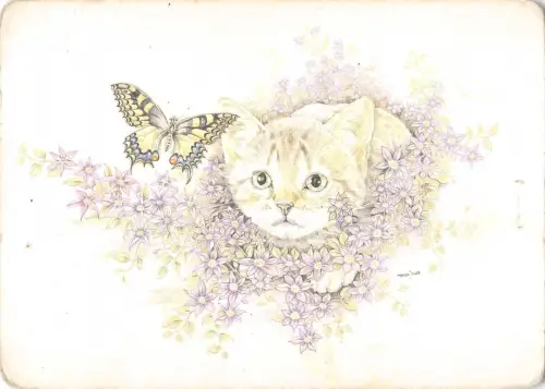 B98718 Katze Chat Jagd Schmetterling Papillon Animaux Tiere