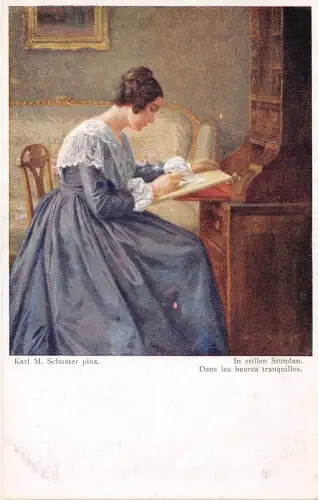 B62148 Kunst Reproduktion Karl Schuster Dans les heures ruhiges Gemälde Postkarte