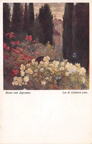 B62142 Kunst Reproduktion Leo B Eichhorn Rosen und Zypressen Gemälde Postkarte
