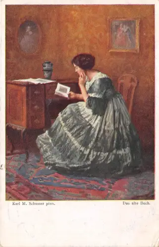 B62149 Kunst Reproduktion Karl Schuster Das alte Buch Gemälde Postkarte