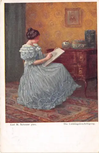 B62150 Kunst Reproduktion Karl Schuster Lieblingsbeschäftigung Gemälde Postkarte