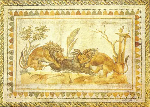 BG14239 musee d el jed löwen devorant un sanglier malerei kunst tunesien