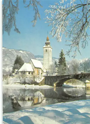 B109665 Tschechische R. Zimski Motiv Bohinj Flussbrücke Kirche Winter Pont