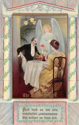 Lot243 geprägte Postkarte Paar am Tisch religiös das Gebet des Herrn UK Engel