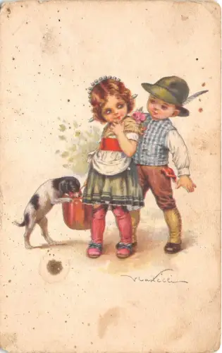 B76297 2 Kinder und ein Hund signiert Candice chien