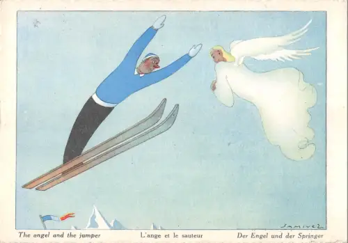 B99569 Der Engel und der Springer Ski Postkarte