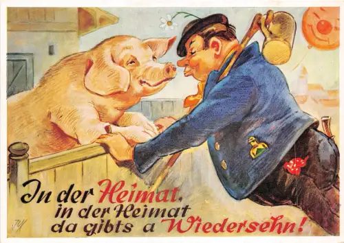 Lot231 Heim wieder Mensch und Schwein Comic Postkarte Deutschland
