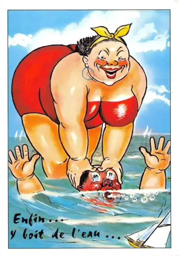 B98941 enfin y boit de l eau france frau ertränkt einen mann comics meer humor