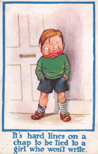 Lot161 Junge wartet darauf, dass seine Freundin Comic-Postkarte schreibt UK