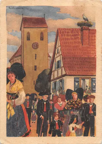 BT8859 Sortie de messe alsace d ories uno aquarelle de p Welcomme France