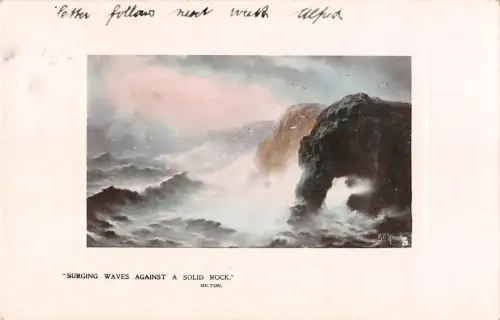 BR94435 wogende Wellen gegen einen soliden Felsen Milton Postkartengemälde UK