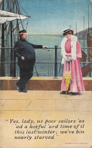 Lot164 dicker Matrose im Gespräch mit einer Frau Comic Postkarte UK patriotische Marine