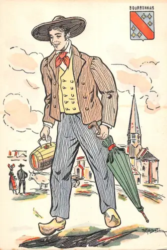 B99232 Mann mit Regenschirm Bourbonnais Postkarte Frankreich Typen Ethnie Folklore