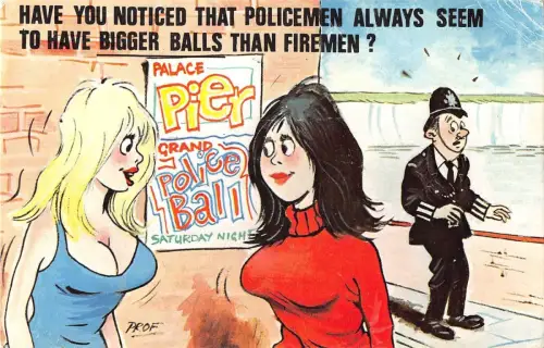 B98174 Polizisten scheinen immer größere Bälle zu haben als Feuerwehrmänner Comic Postkarte