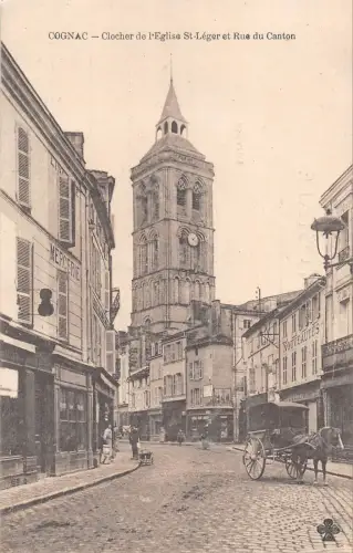 BR78340 cognac clocher de l eglise st leger et rue du canton chariot france